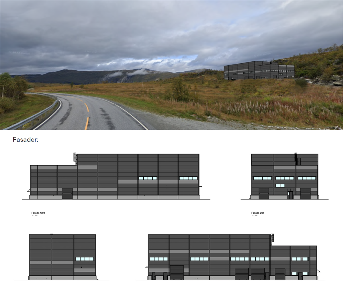 Fasadeteikningar av reinseanlegget - Klikk for stort bilete